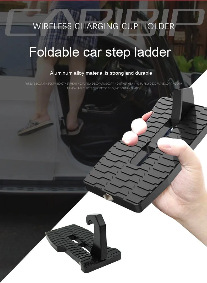 Foldable aluminium automobile auxiliary ladder attached to side door of an SUV for roof access