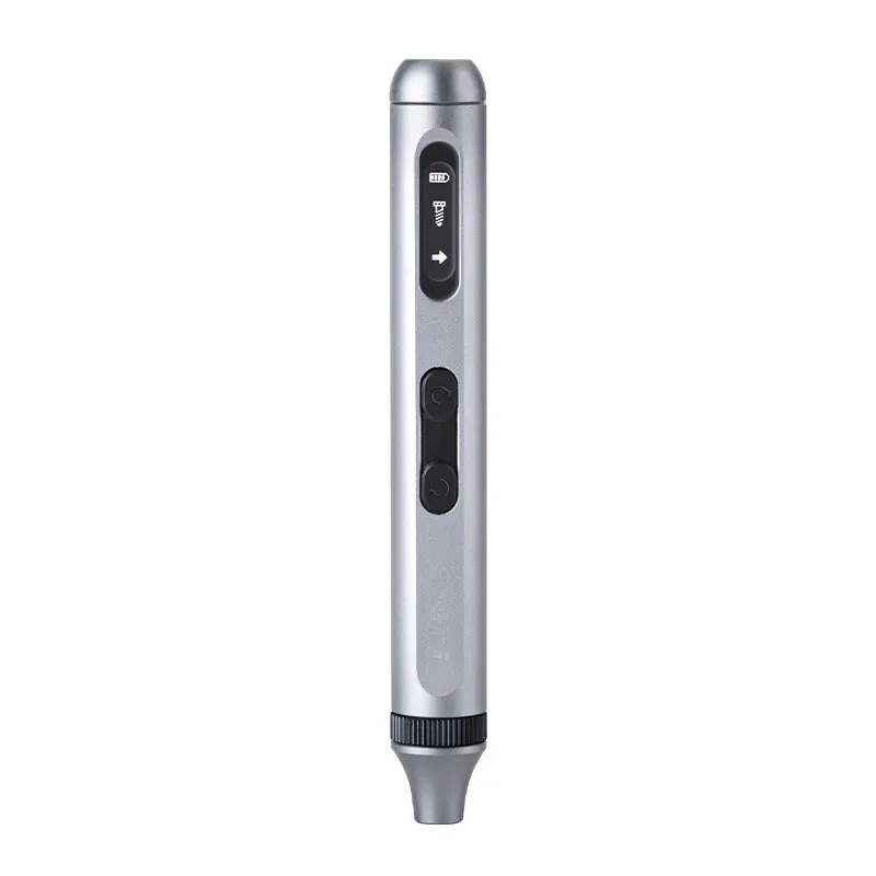 Compact aluminium electric screwdriver showing precision tip and lightweight 52g construction