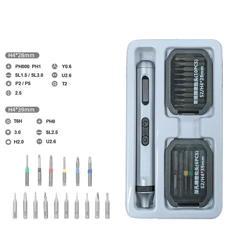 Compact aluminium electric screwdriver showing precision tip and lightweight 52g construction