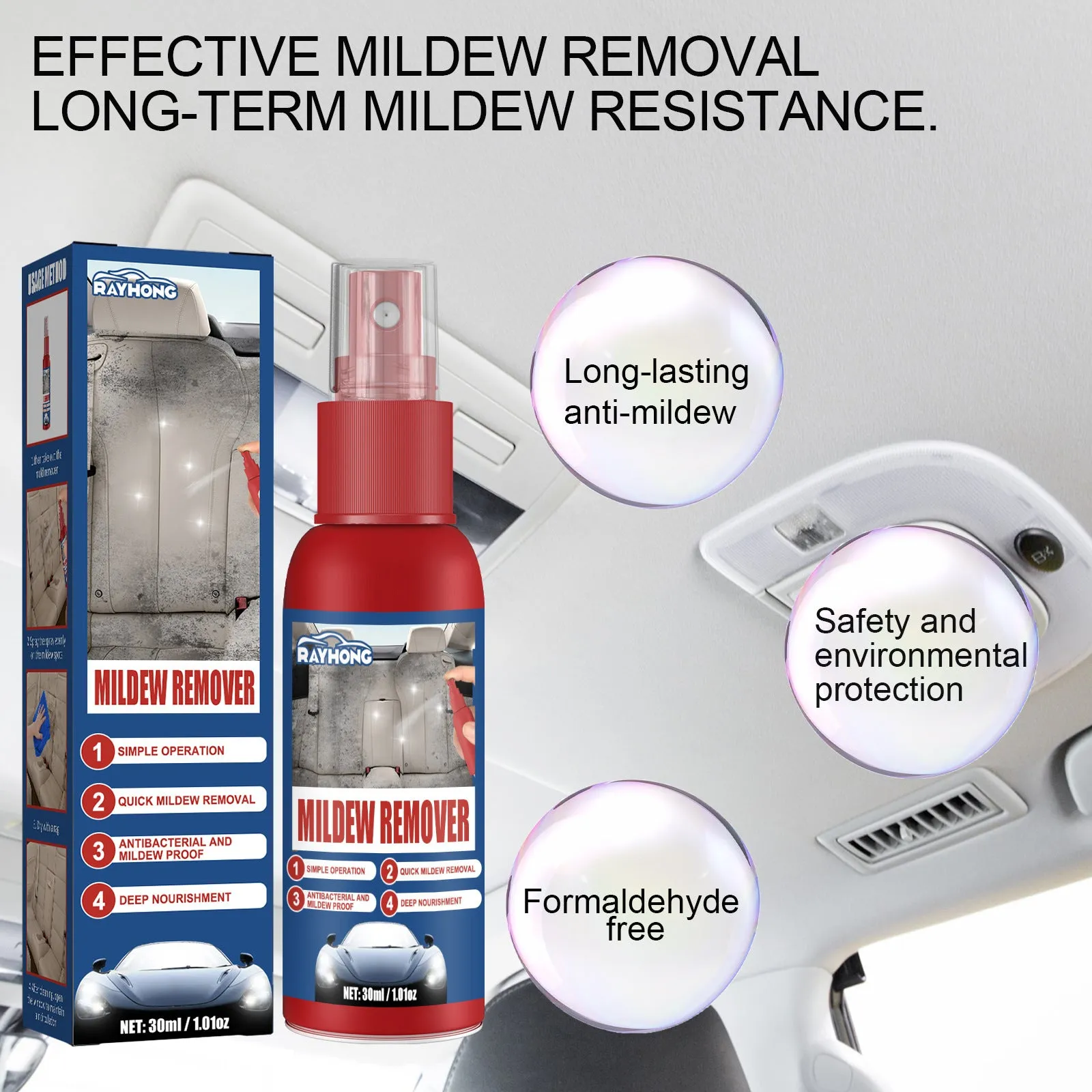 30ml boxed car interior mould removal spray with anti-mold agent for automotive cleaning