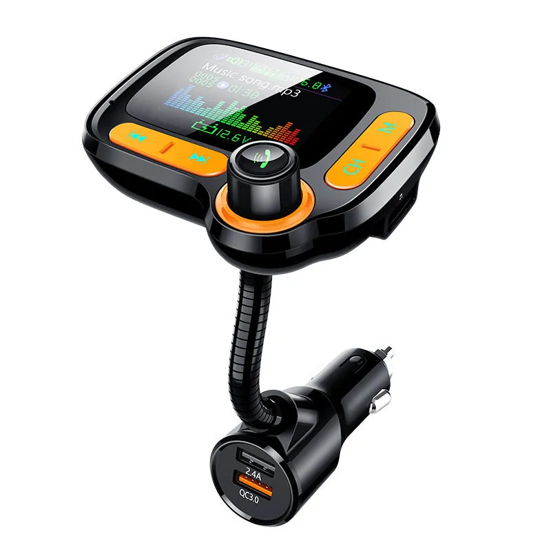 Car Bluetooth player with 1.77 inch OLED colour screen plugged into cigarette lighter with adjustable hose