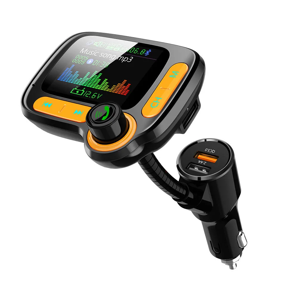 Car Bluetooth player with 1.77 inch OLED colour screen plugged into cigarette lighter with adjustable hose