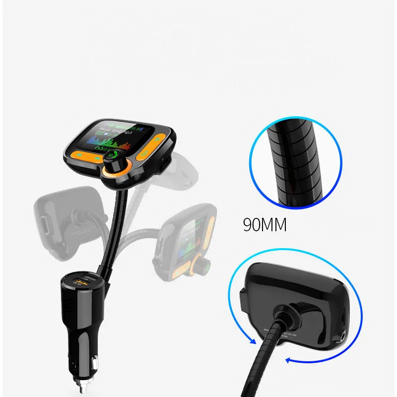 Car Bluetooth player with 1.77 inch OLED colour screen plugged into cigarette lighter with adjustable hose