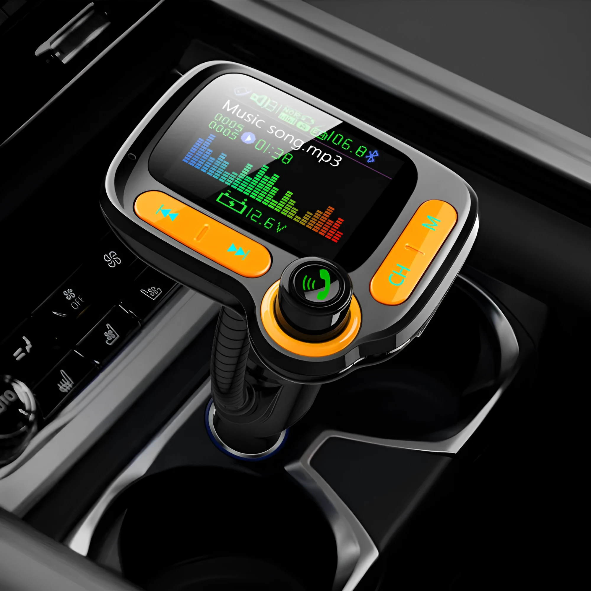Car Bluetooth player with 1.77 inch OLED colour screen plugged into cigarette lighter with adjustable hose