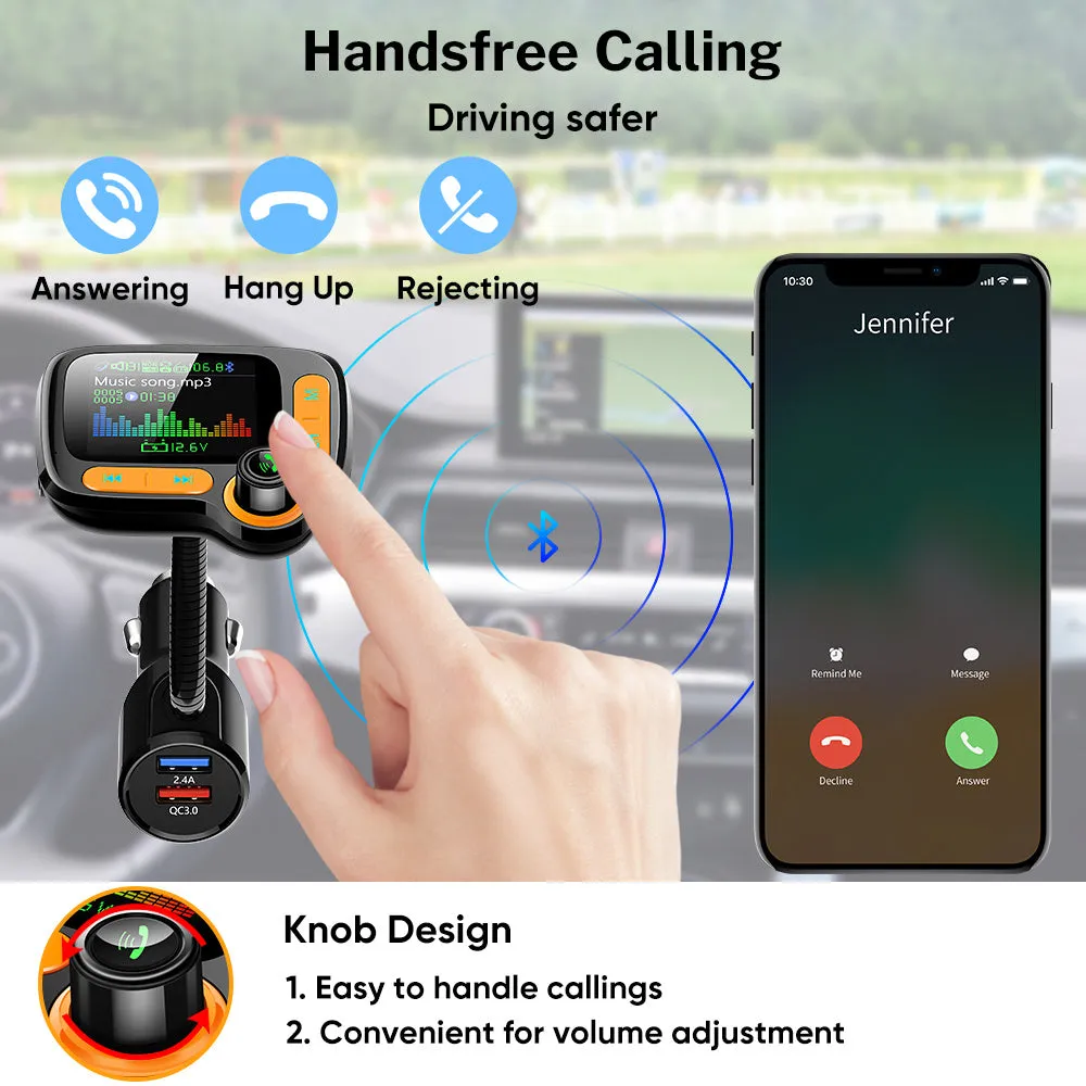 Car Bluetooth player with 1.77 inch OLED colour screen plugged into cigarette lighter with adjustable hose