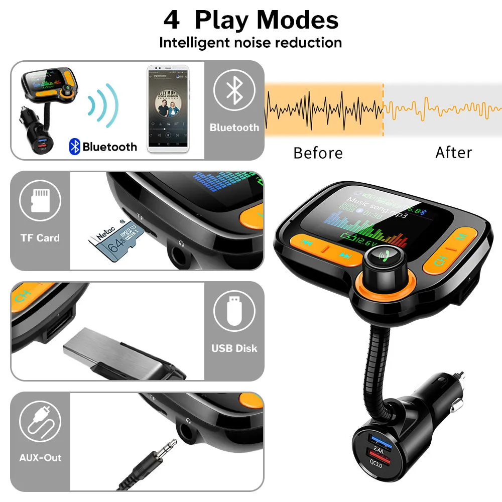 Car Bluetooth player with 1.77 inch OLED colour screen plugged into cigarette lighter with adjustable hose
