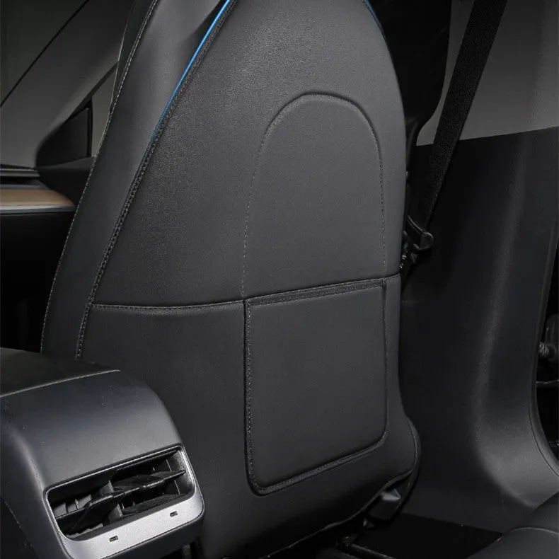 Two black leather motorcycle seat anti kick pads showing dimensions of 68cm by 42cm