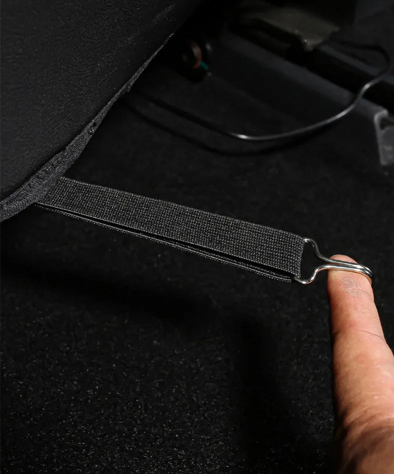 Two black leather motorcycle seat anti kick pads showing dimensions of 68cm by 42cm