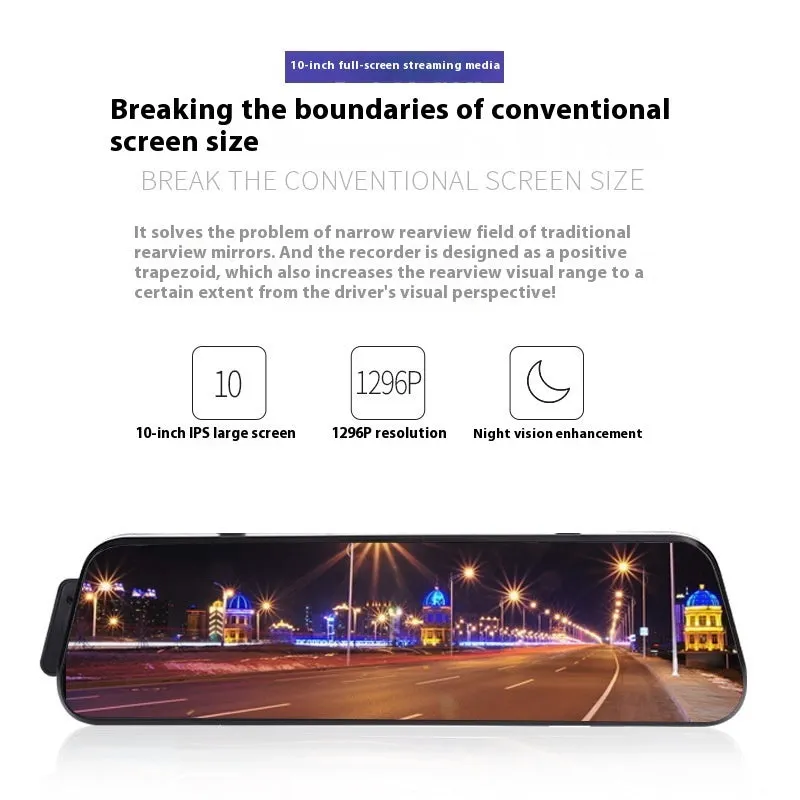 10-inch streaming media rearview mirror tachograph with front and rear dual lenses and touchscreen display