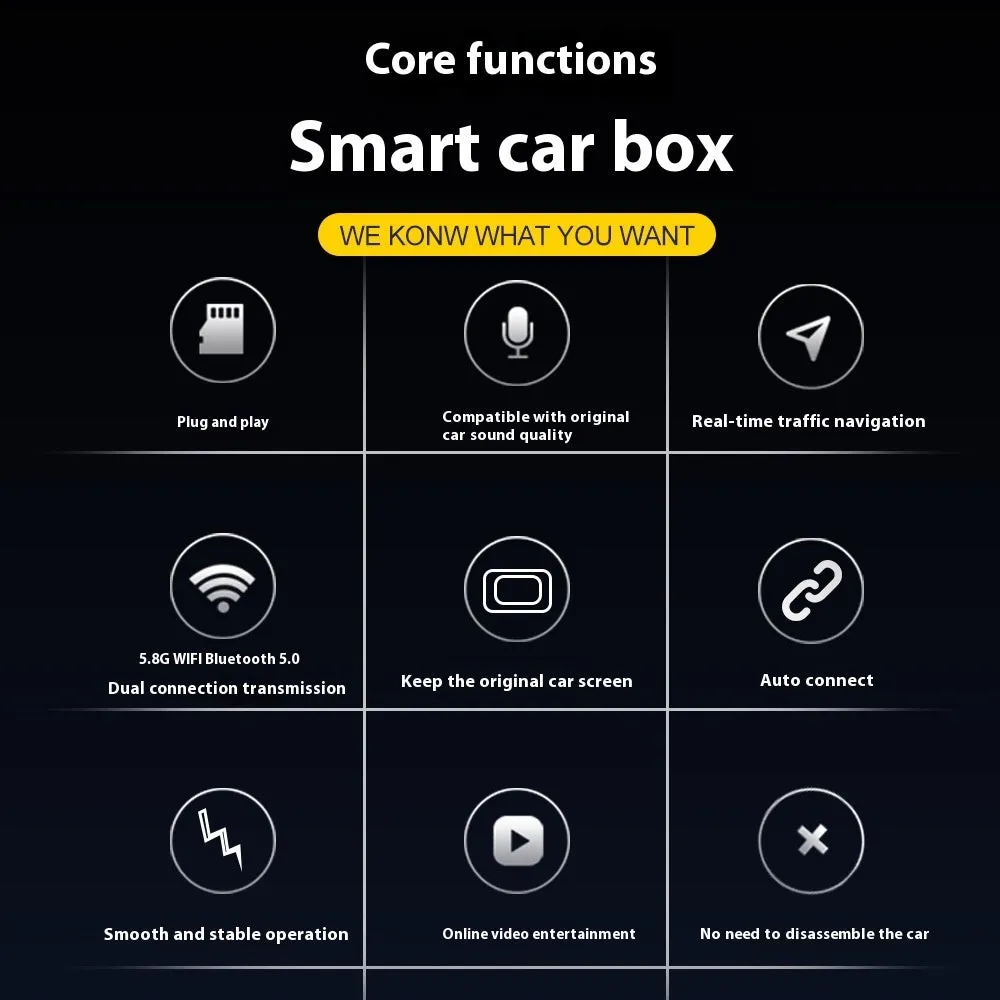 CarPlay wireless adapter M25 with 9-inch capacitive screen 1080P ABS black 65x43x12mm for Apple iPhone