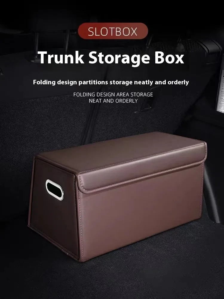 Folding waterproof leather car trunk storage organiser in black medium size on a boot floor