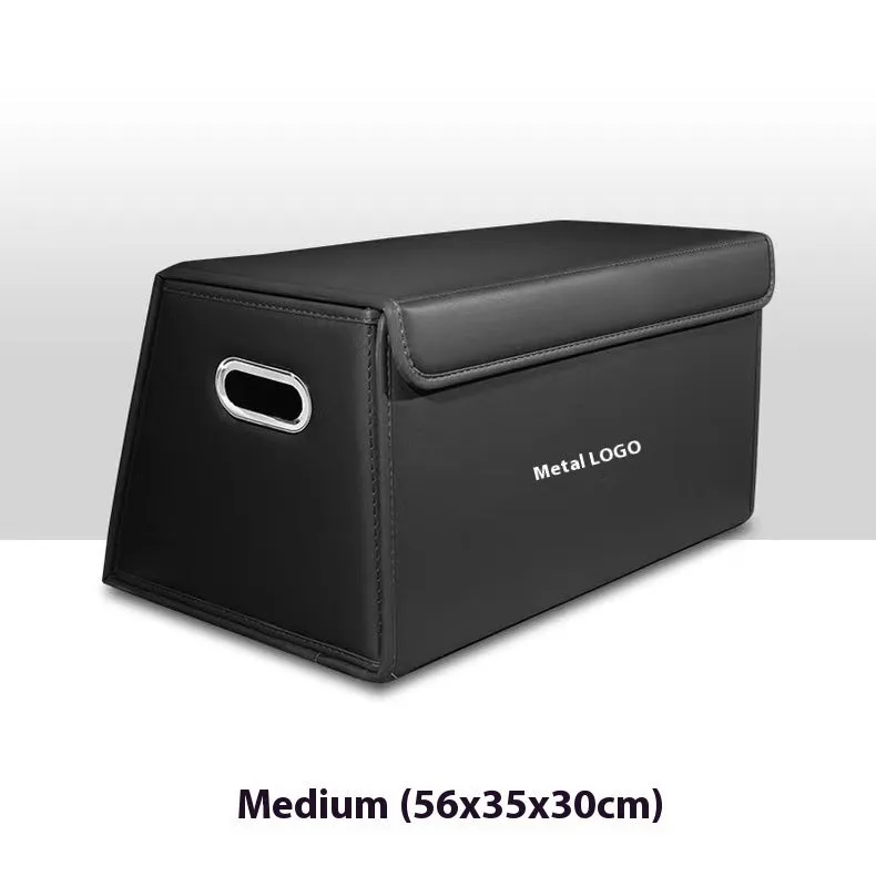 Folding waterproof leather car trunk storage organiser in black medium size on a boot floor
