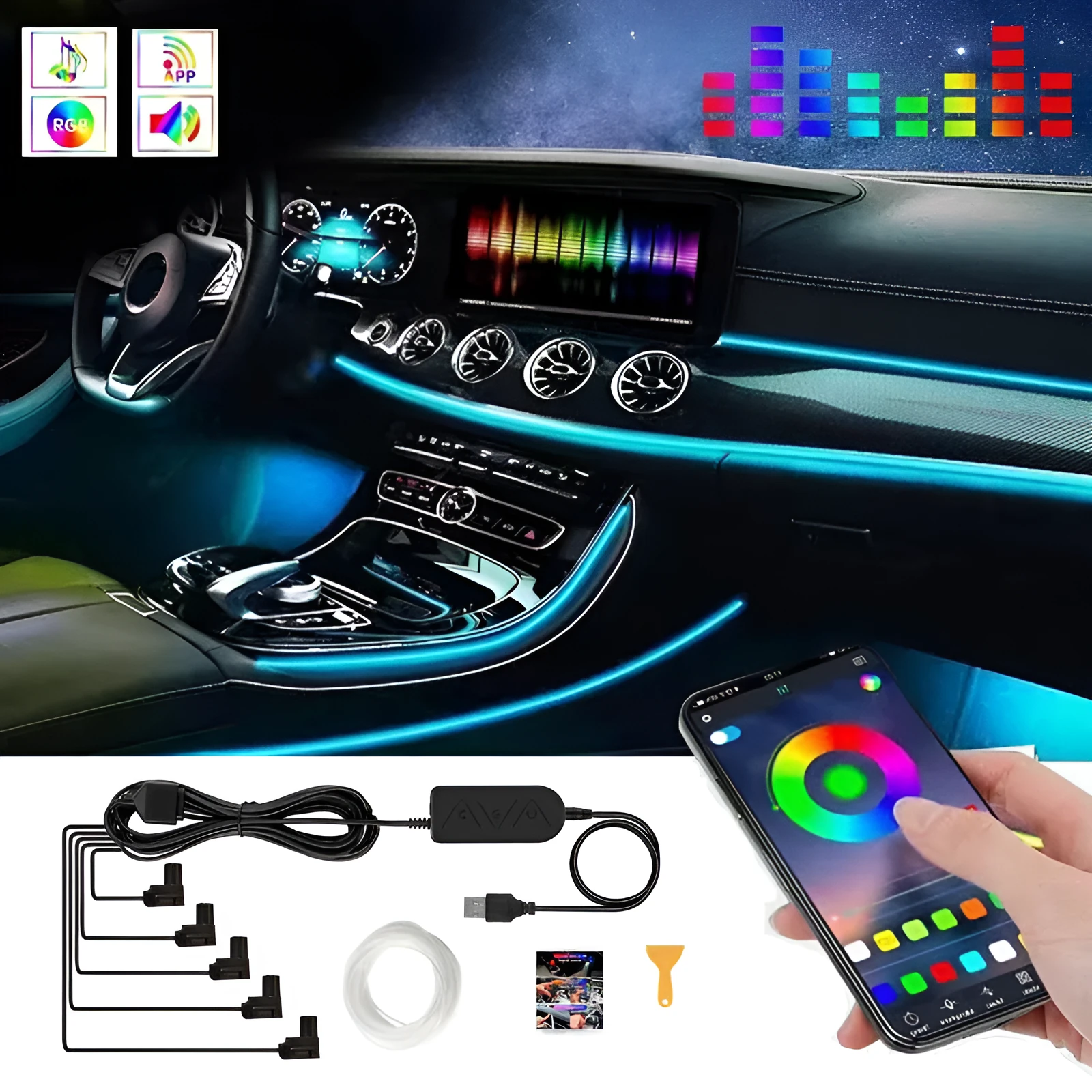 Car USB atmosphere light with RGB colours, ABS housing, fibre cable for centre console and instrument panel modification