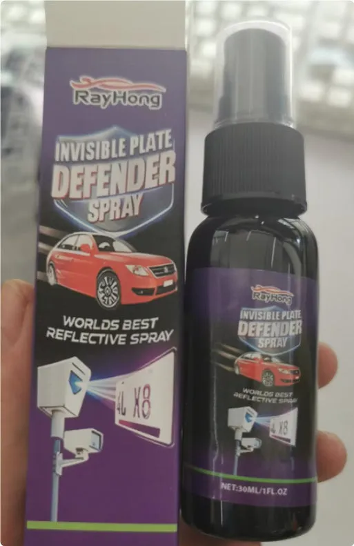 Invisible license plate spray clear coat 30ml PET bottle with label and spray nozzle on a white background