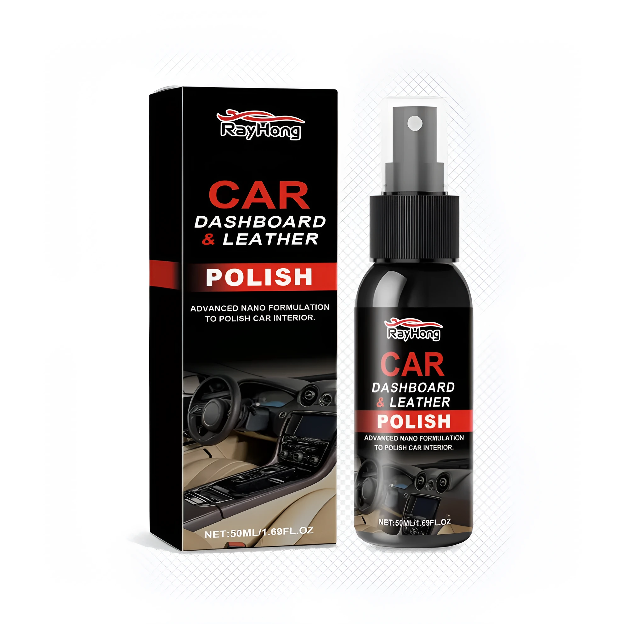 Zero-dust instrument panel leather polishing agent in compact 2.8x11.8cm bottle with box packaging