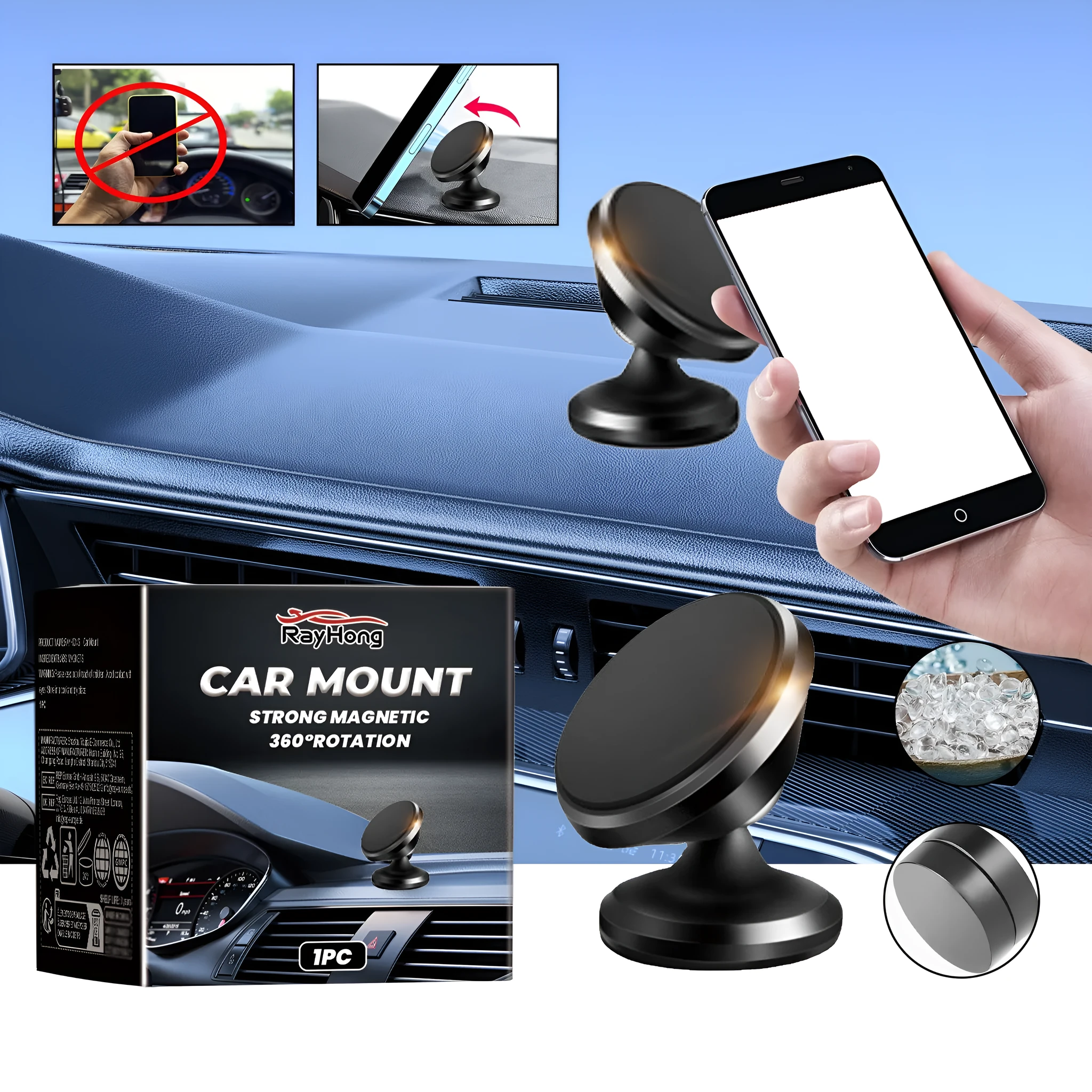 Black magnetic car foldable phone holder with compact ABS design on a desk surface