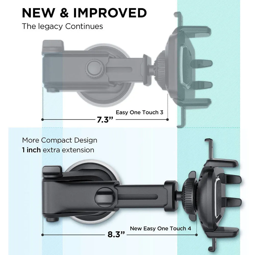 Black retractable suction cup car phone holder mounted on car dashboard