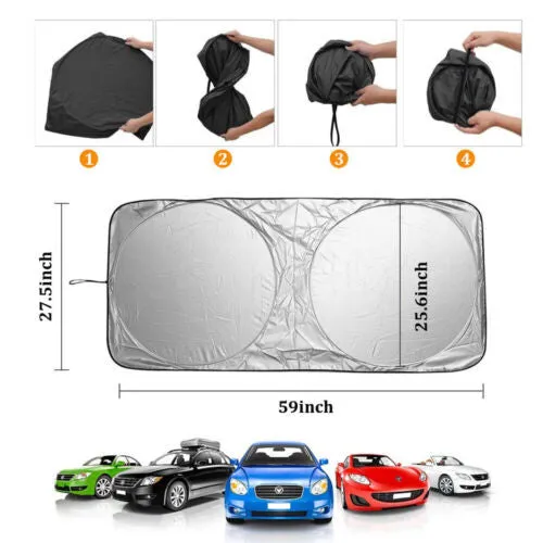Silver car windshield sunshade in reflective metallic polyester and nylon, 150x70cm flat size