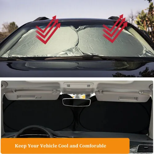 Silver car windshield sunshade in reflective metallic polyester and nylon, 150x70cm flat size