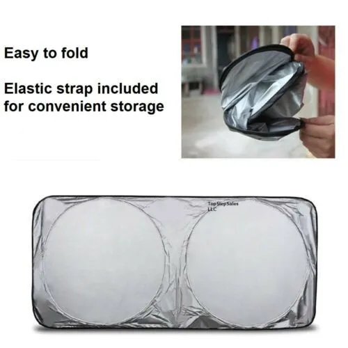 Silver car windshield sunshade in reflective metallic polyester and nylon, 150x70cm flat size