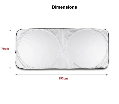 Silver car windshield sunshade in reflective metallic polyester and nylon, 150x70cm flat size