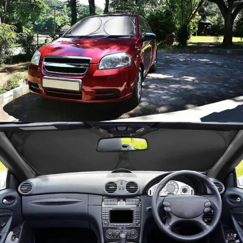 Silver car windshield sunshade in reflective metallic polyester and nylon, 150x70cm flat size