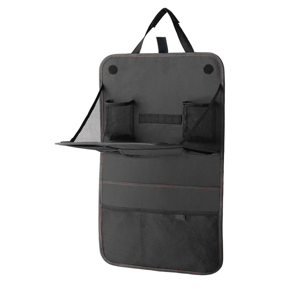 Car seat back storage bag in black Oxford cloth with multi-pockets, hanging on car seat back, 38x60cm