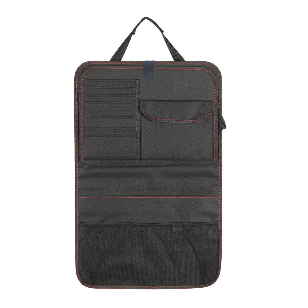 Car seat back storage bag in black Oxford cloth with multi-pockets, hanging on car seat back, 38x60cm