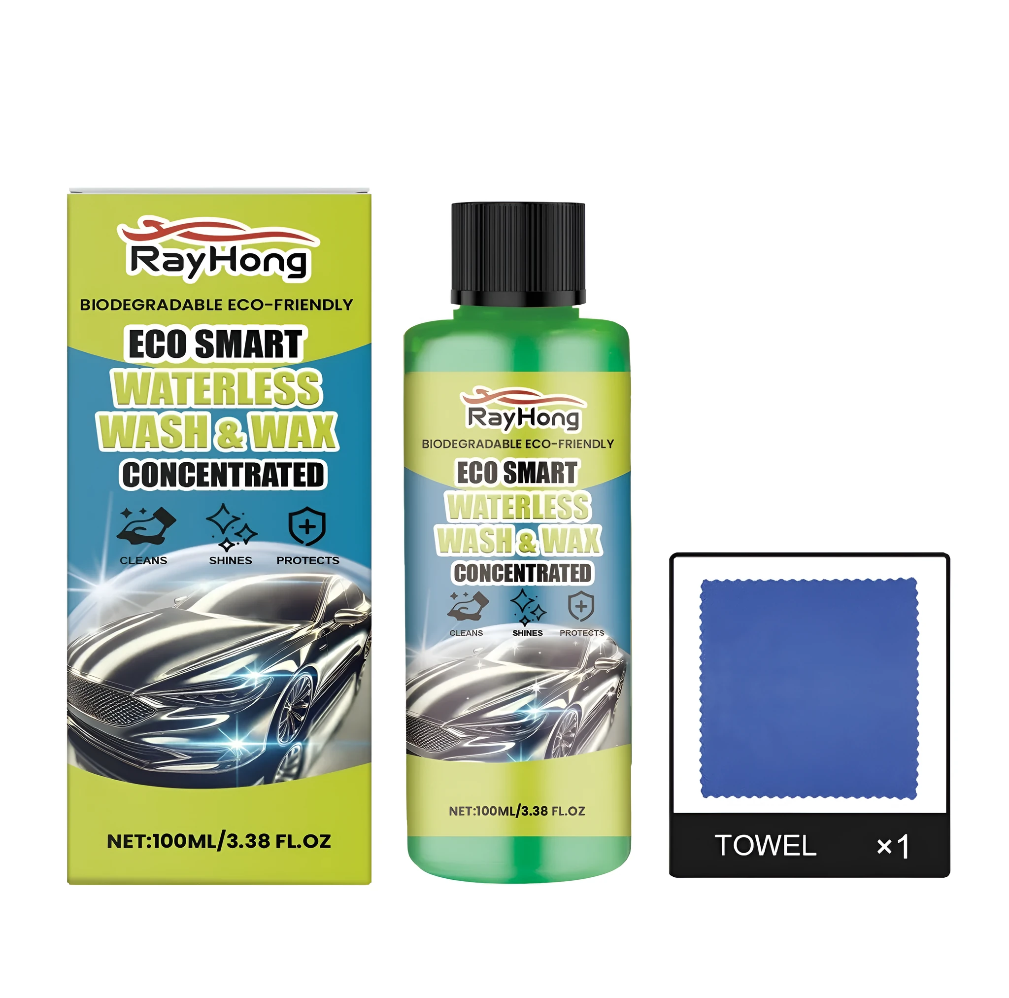 Water free car wash cleaning kit with 100ml bottle and microfibre towel