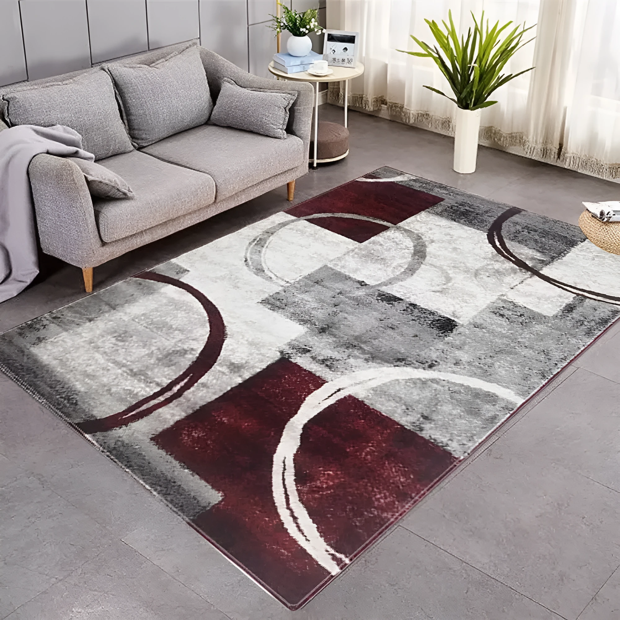 Wine red gray geometric round TPE non-slip carpet on hard floor