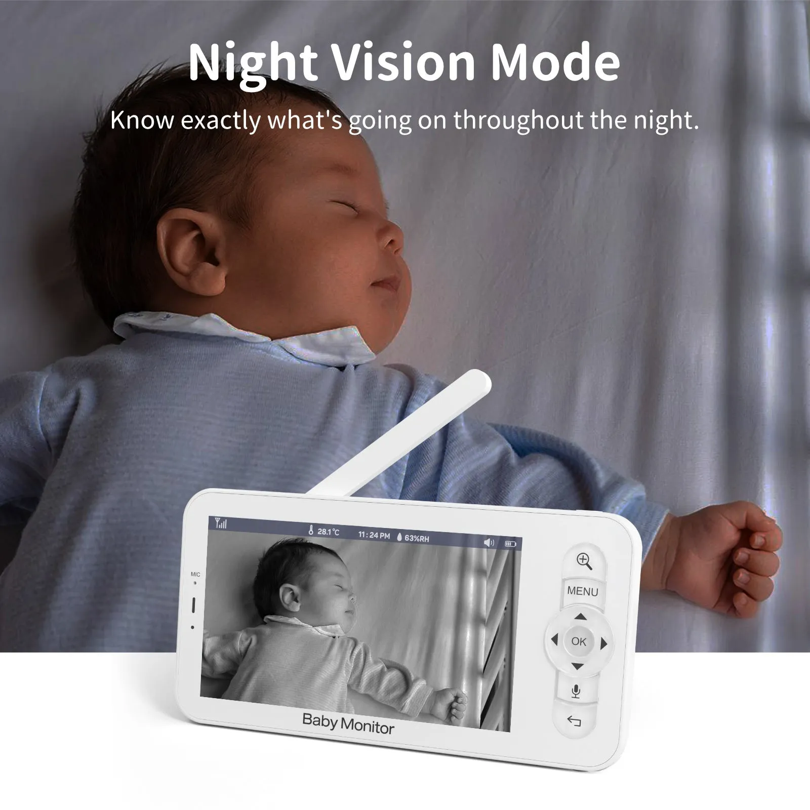 5-inch 1080p baby monitor with pan tilt camera, night vision, and 3000mAh battery