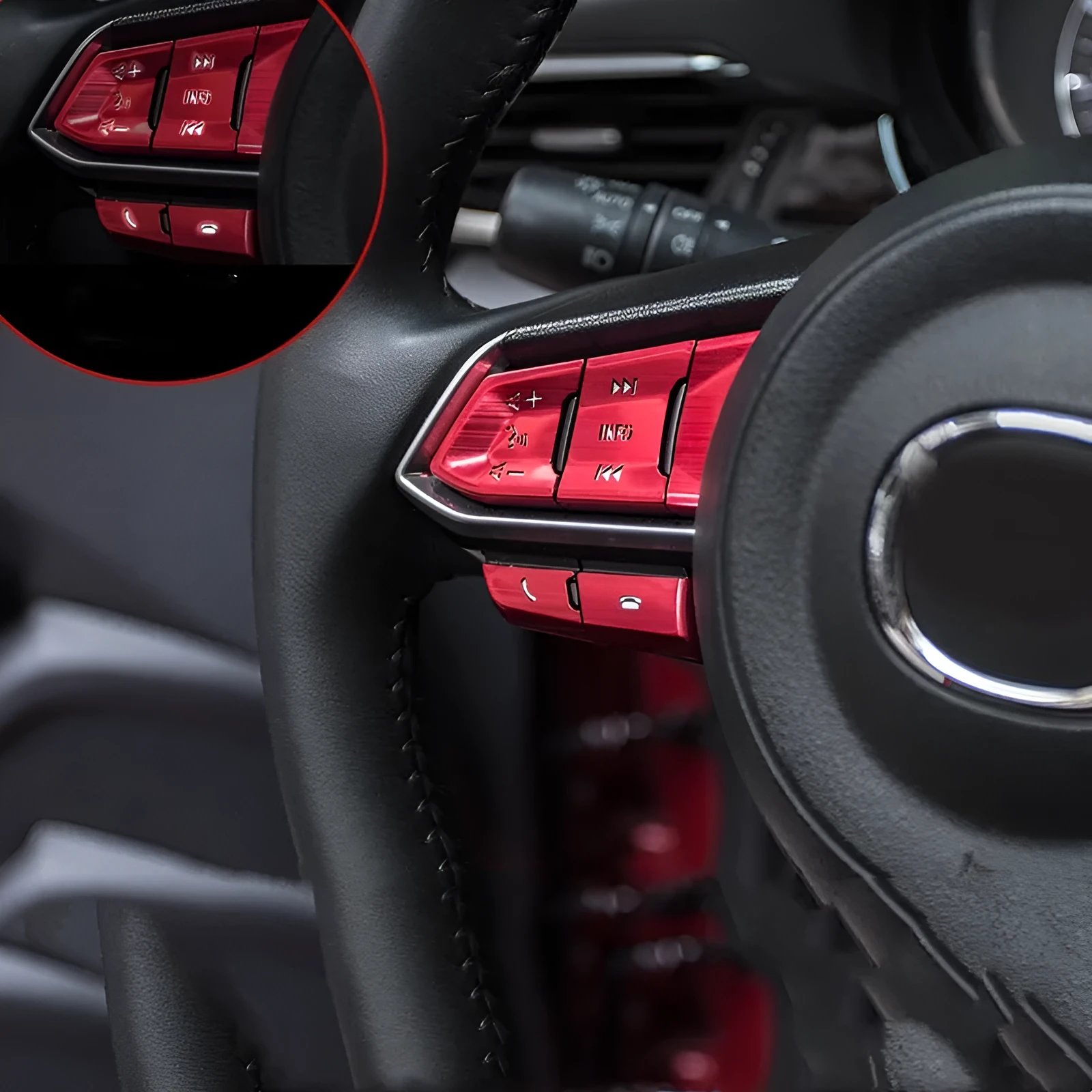 Eight aluminium alloy decorative stickers for car steering wheel in brushed red, silver, and blue finishes