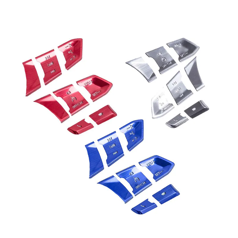Eight aluminium alloy decorative stickers for car steering wheel in brushed red, silver, and blue finishes