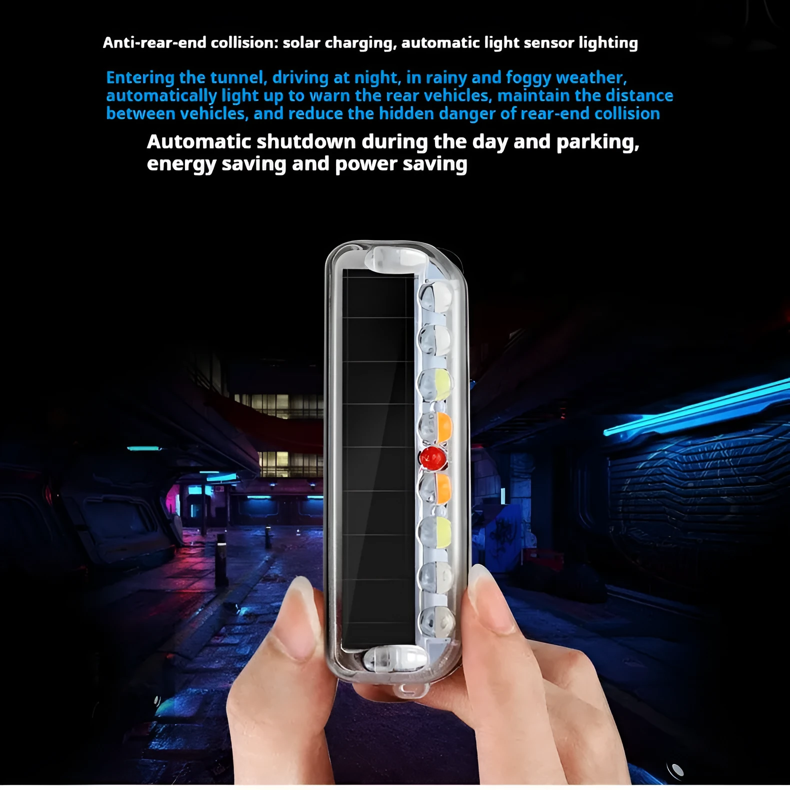 Solar power vehicle anti-collision strobe light, 80x2.5mm, ABS, blue red white colours