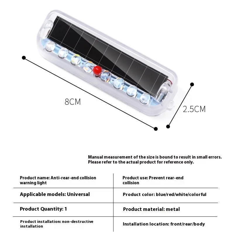 Solar power vehicle anti-collision strobe light, 80x2.5mm, ABS, blue red white colours