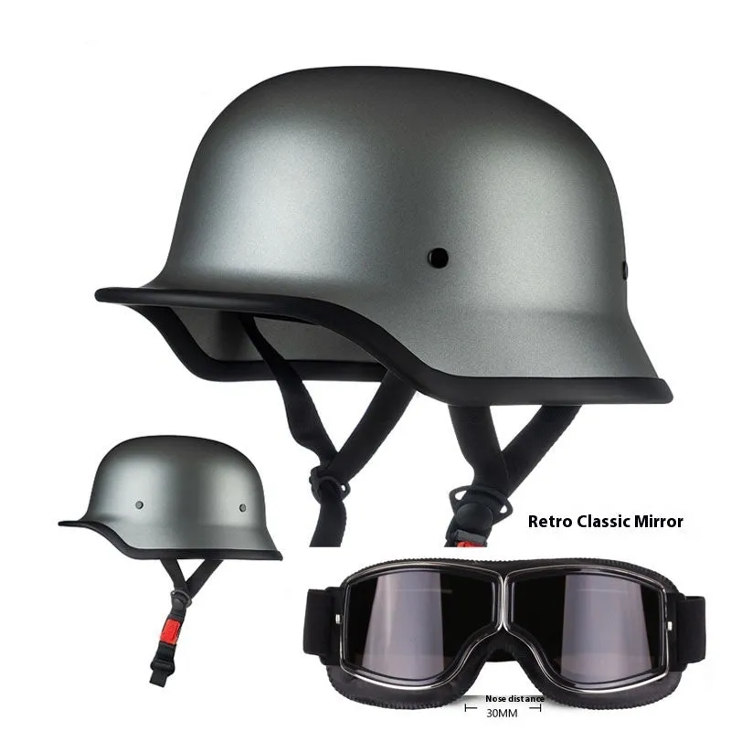 German retro soldier helmet in matte black with full-face shell, goggles, and face towel included