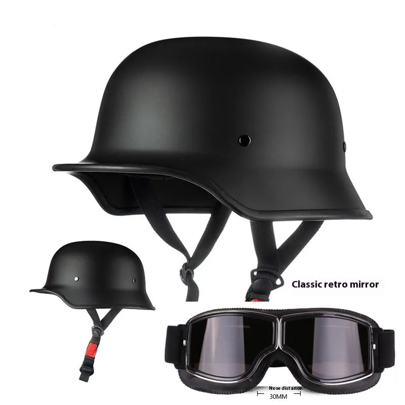 German retro soldier helmet in matte black with full-face shell, goggles, and face towel included