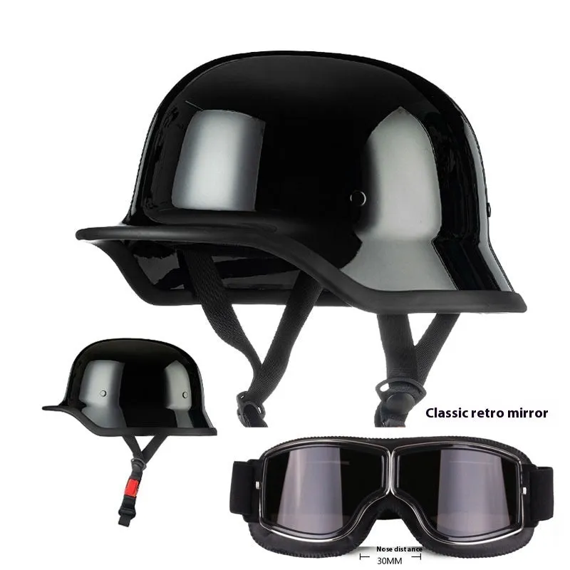 German retro soldier helmet in matte black with full-face shell, goggles, and face towel included