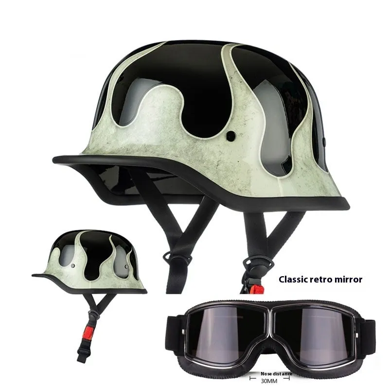 German retro soldier helmet in matte black with full-face shell, goggles, and face towel included