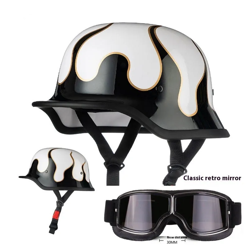 German retro soldier helmet in matte black with full-face shell, goggles, and face towel included