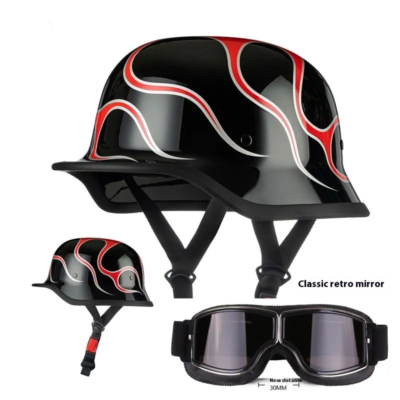 German retro soldier helmet in matte black with full-face shell, goggles, and face towel included