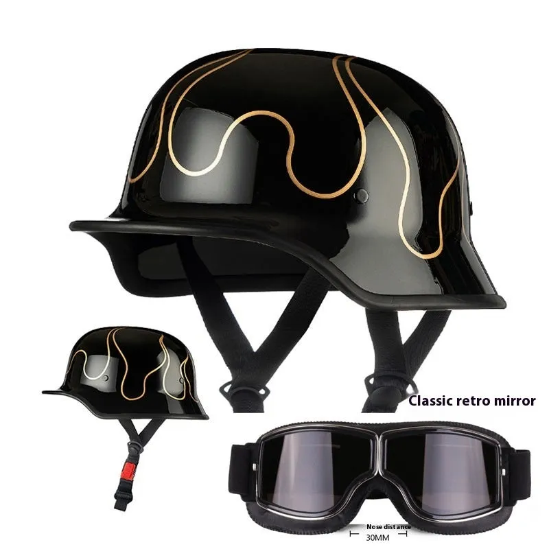 German retro soldier helmet in matte black with full-face shell, goggles, and face towel included