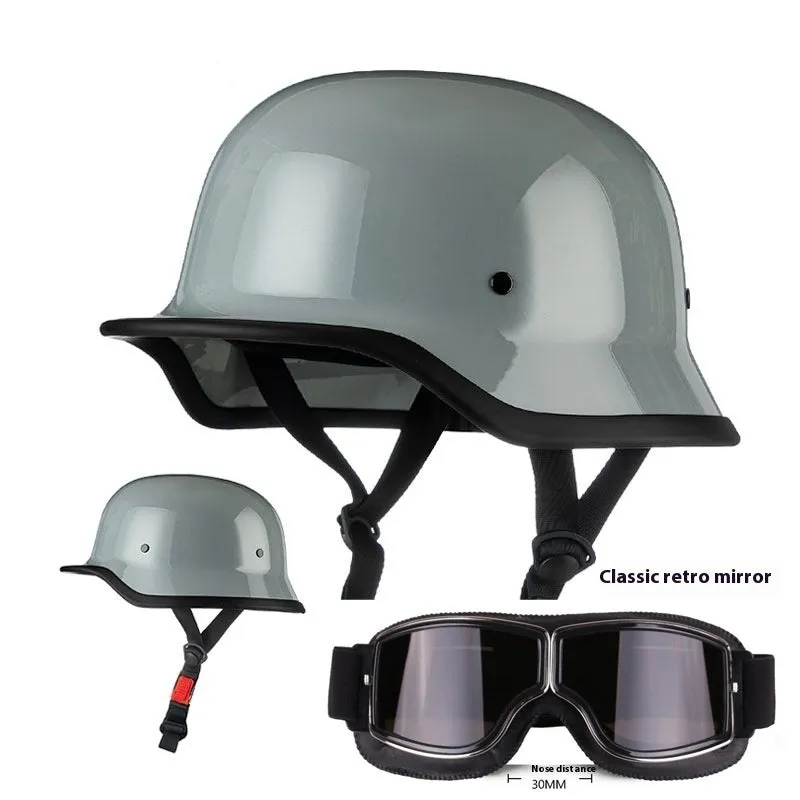 German retro soldier helmet in matte black with full-face shell, goggles, and face towel included