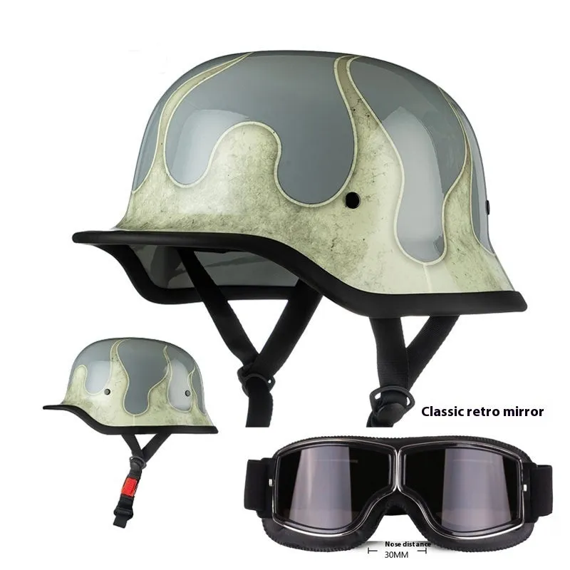 German retro soldier helmet in matte black with full-face shell, goggles, and face towel included
