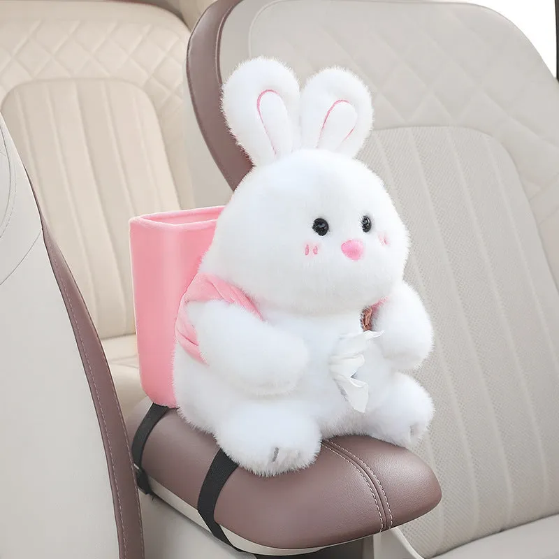 Plush two-in-one car armrest box cover tissue holder and trash can with character design models