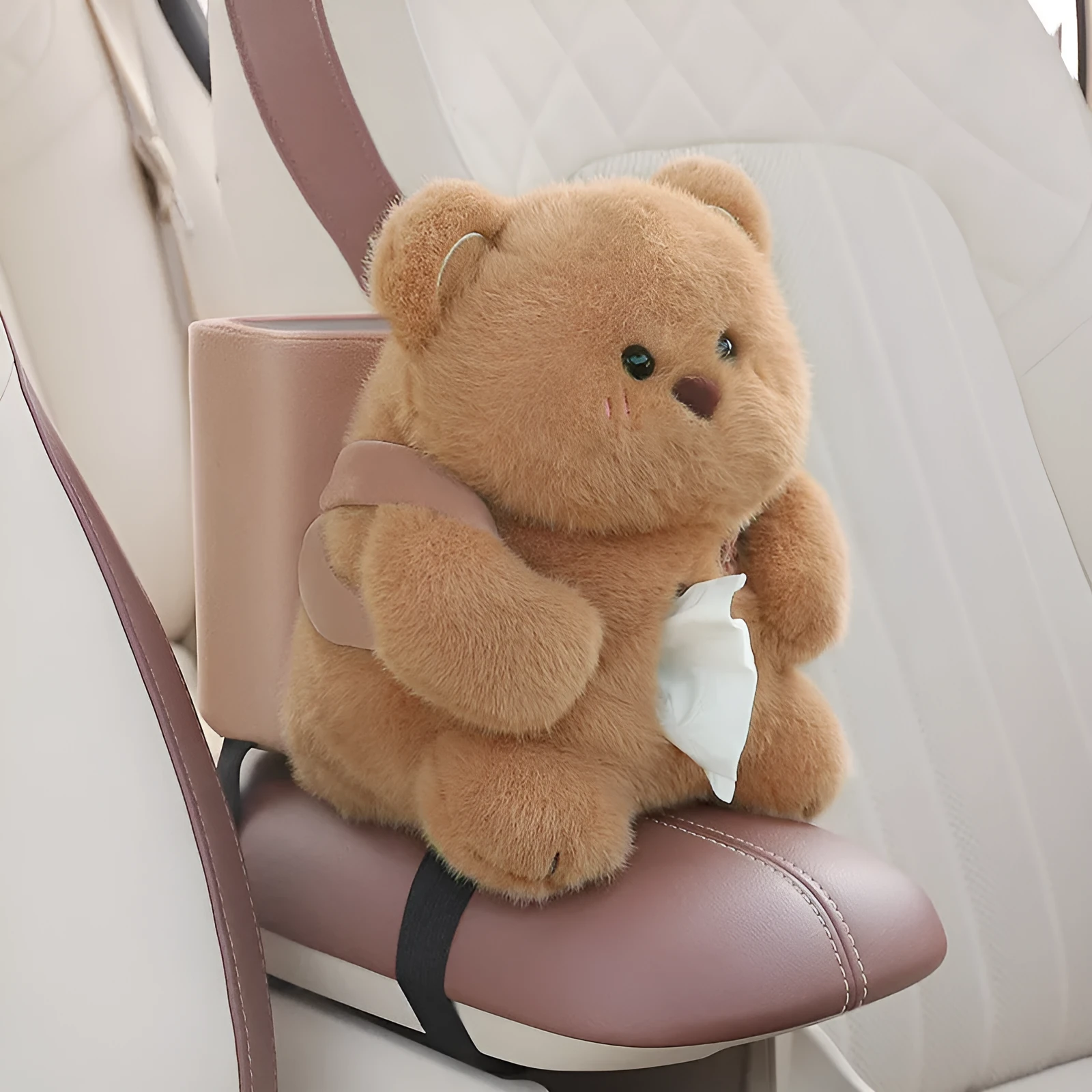 Plush two-in-one car armrest box cover tissue holder and trash can with character design models