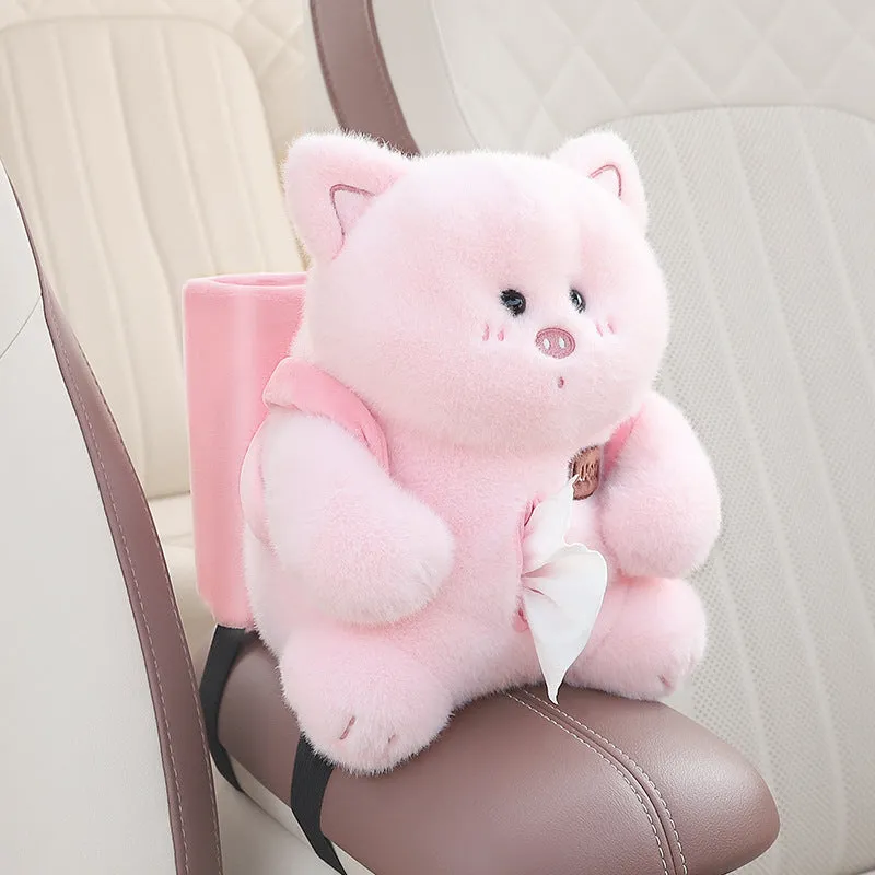 Plush two-in-one car armrest box cover tissue holder and trash can with character design models