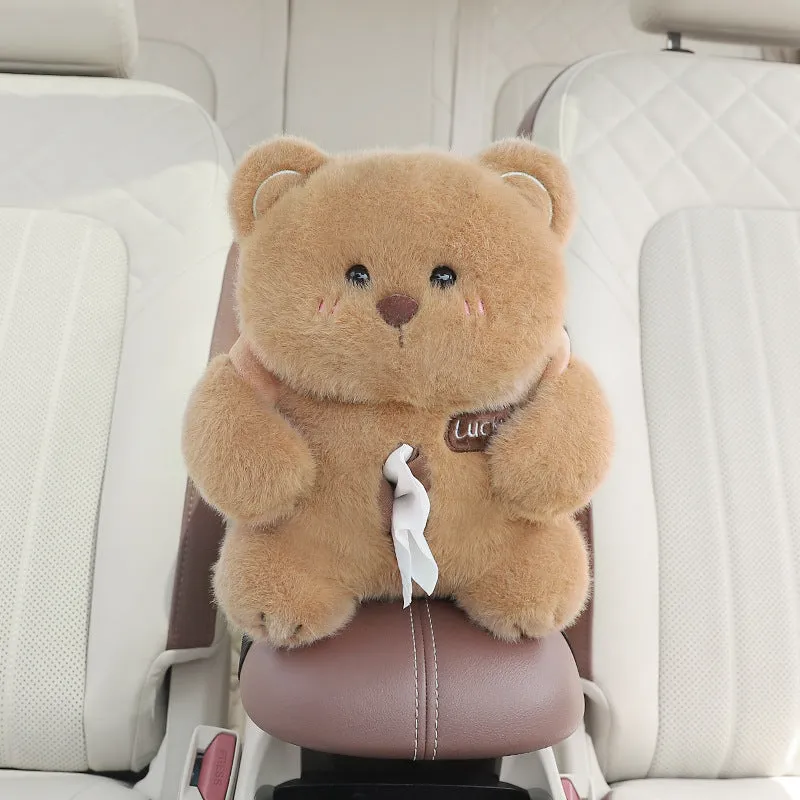 Plush two-in-one car armrest box cover tissue holder and trash can with character design models
