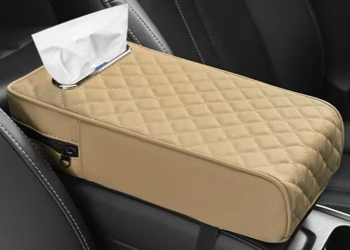 Universal car armrest box cushion in leather with built-in tissue buggy bag
