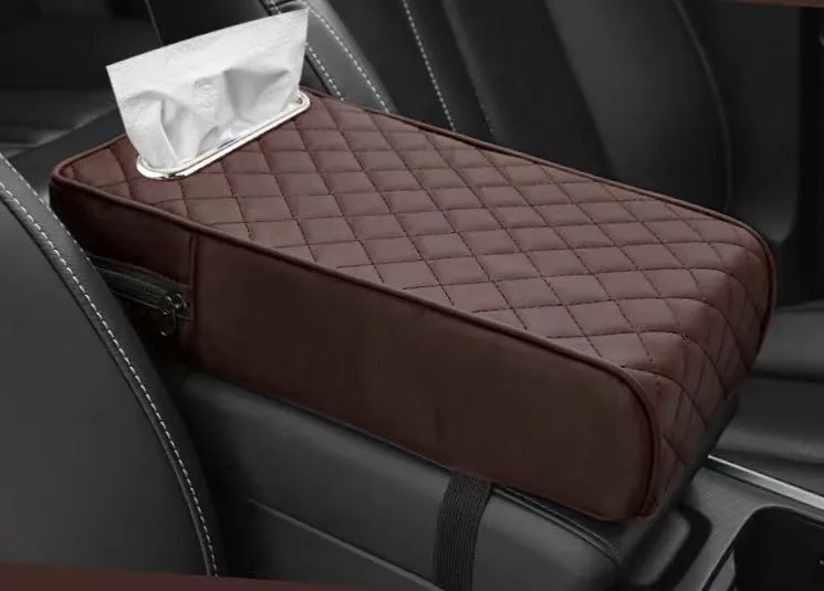Universal car armrest box cushion in leather with built-in tissue buggy bag